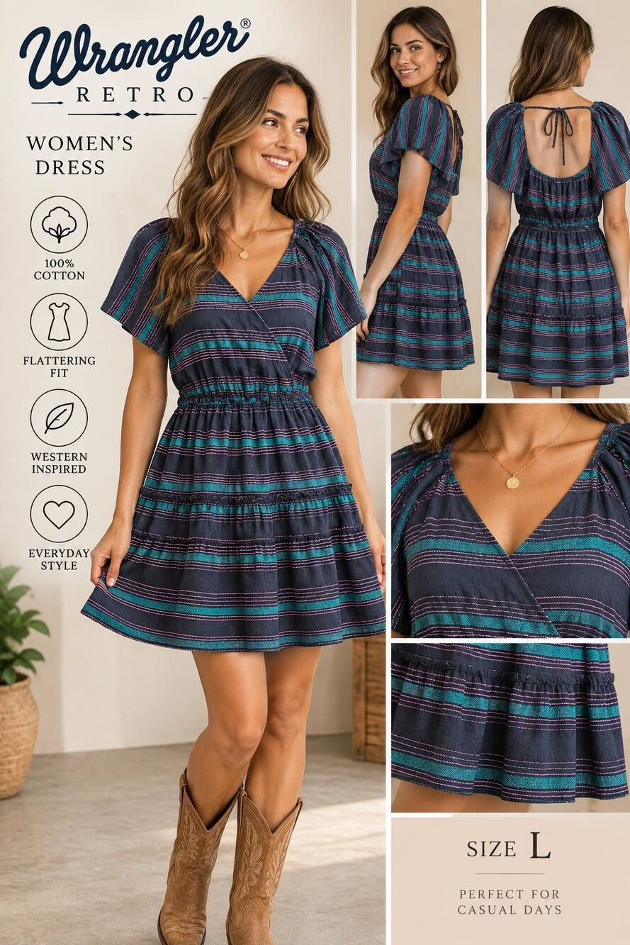 Wrangler Retro Women’s L Striped Cotton Dress Navy Teal Pink NWT Western